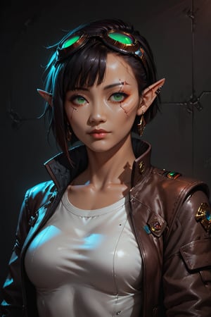 Score_9, score_8_up, score_7_up,Expressiveh,concept art,dark theme,Extremely Realistic, realistic, masterpiece, 16k, cyberpunk bar, sfw, upper body, 1girl, Filipina, Asian, dark skin, solo, short hair, black hair, jewelry, green eyes, earrings, pointy ears, elf, lips, scar, piercing, goggles, ear piercing, goggles on head,nose, brown leather bomber jacket, black jeans, belt, black t-shirt, (shadow run_character, shadowrun_surface ,high-tech lowlife)