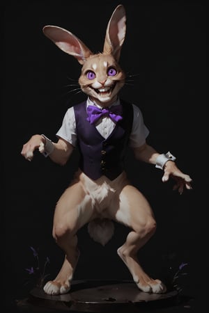 Score_9, score_8_up, score_7_up,Expressiveh,concept art,dark theme,Extremely Realistic, realistic, masterpiece, 16k, solo, looking at viewer, smile, simple background, bow, animal ears, purple eyes, full body, male focus, teeth, perfect teeth, bowtie, star \(symbol\), rabbit ears, grin, vest, no humans, black background, furry, purple bow, rabbit, purple bowtie, whiskers, tan fur, horror \(theme\)