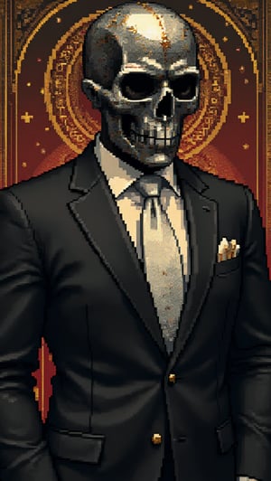 man in a black suit with a white tie wearing a metallic skull mask., art nouveau,in the style of aziib_pixel