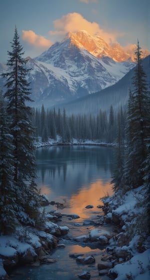 masterpiece, high quality, deep shadow, in the dark, oil painting style, sunset over a snow mountainous landscape, ((The sky glows pale orange and blue)), Forest and trees turn orange, Mountains and sky reflected on the surface of the lake,oil painting