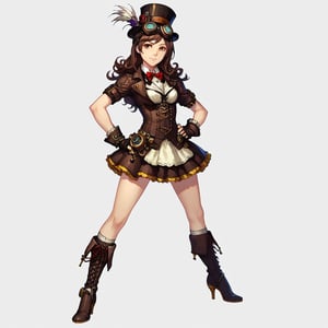 1girl, solo, looking at viewer, skirt, simple background, brown hair, gloves, hat, white background, standing, full body, short sleeves, boots, fingerless gloves, high heels, hand on hip, goggles, goggles on head, top hat, leather, goggles on headwear, steampunk