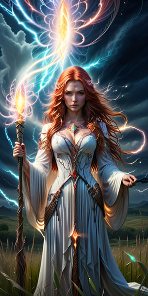 (4k), (masterpiece), (best quality), (extremely intricate), (realistic), (clear focus), (award-winning), (cinematic lighting), (extremely detailed), ultra-realistic Young sorceress with long red hair standing in a field with tall grass, with a staff in her hand In her hand, she is wearing a flowing white robe with silver zippers embroidered on it. In her hand she holds a staff that crackles with electricity. She is surrounded by a swirling vortex of lightning energy.,DonMBl00mingF41ryXL 
