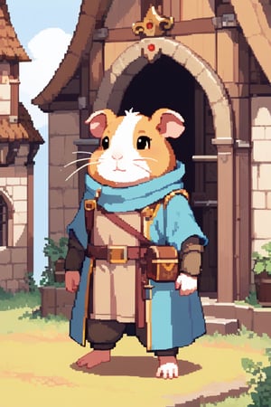 A anthropomorphic guinea pig wearing medieval style clothing standing in front of his medieval style home.,pixel art