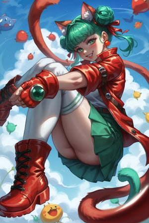 score_9, score_8_up, score_7_up, high resolution,
BREAK,
​nsfw, 1girl, bishoujo, cute, beautiful, sexy, 18 years old, green hair, twin bun hairstyle, red leather jacket, white t-shirt with a red smiley face style logo featuring a Cheshire Cat like grin, green skirt, white knee highs, red leather ankle boots, yellow fingerless gloves, earrings, BREAK