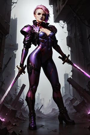 Score_9, score_8_up, score_7_up,Expressiveh,concept art,dark theme,Extremely Realistic, realistic, masterpiece, 8k, 1girl, solo, breasts, looking at viewer, short hair, holding, medium breasts, standing, jacket, weapon, pink hair, purple hair, multicolored hair, boots, sword, holding weapon, armor, two-tone hair, bodysuit, makeup, scar, facial mark, holding sword, lipstick, shoulder armor, dual wielding, asymmetrical hair, leather, undercut, facial tattoo, purple lips, cyberpunk,cyborg,occultist,Techno-witch,DonMCyb3rN3cr0XL 