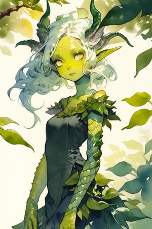 Score_9, score_8_up, score_7_up, SFW, realistic, masterpiece, 16k, 1girl, solo, grinning, long hair, leaf clothing, leaf dress, small breasts, green hair, collarbone, highly detailed eyes, yellow eyes, ((monster skin, colored skin, green skin, non-human skin tone)), dark green lipstick, pointed ears, elf ears, full body shot, parted lips, solo focus, lips, leaf, plant,plant girl, nature, monster girl, leaves blowing in the wind,watercolor \(medium\),pencil sketch