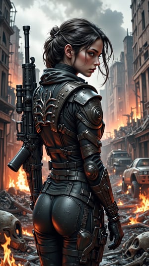 Valkyrie's Vigilance: A shot of a sleek, modern Valkyrie hovering above the smoldering ruins of a war-torn landscape. The battlefield below her is scarred by burning vehicles and fallen soldiers, their bodies eerily still amidst the chaos. She herself stands out against this backdrop of destruction, clad in contemporary military tactical attire that belies her mythical nature. Her gaze is fixed intently on some distant target as she cradles an elegant sniper rifle, its slender barrel glinting in the flickering light of the burning vehicles. The composition centers around her statuesque figure, with the war-torn landscape serving as a haunting reminder of the devastating consequences of conflict.

shading lineart, shading, lineart, 2.5D, illustration, portrait, closeup, Score_9, Score_8_up, Score_7_up, behance work, intricate, vibrant color, High quality, 8k hd, best quality, detailed skin texture, complicated, 8k ultra hd, high resolution, high definition, excellent quality, stunning image, volumetric lighting, detail quality Enhancer,DonMN1h1l15mFX,REALNIME