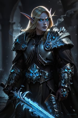 Score_9, score_8_up, score_7_up,Expressiveh,concept art,dark theme,Extremely Realistic, realistic, masterpiece, 1boy, elf, pure white skin, highly detailed face, perfect face, scowl, long blonde hair, pointy ears, wearing arth4s armor, glowing blue eyes, wielding, blue smoke, grey lips, blue energy  drifting upward from eyes, (,bldelf, no pupils, glowing eyes, colored sclera), winter winds, snowy breeze, duel wield, runeaxes,