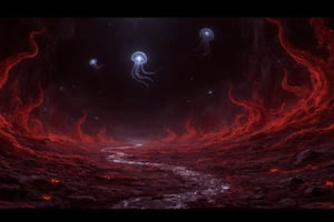 A desolate, crimson-hued alien terrain stretches out before us, illuminated by an eerie bioluminescent glow emanating from twisted, ethereal flora. Amidst the eerie illumination, translucent jellyfish-like creatures drift lazily through the air, their delicate tendrils undulating like ghostly tentacles.