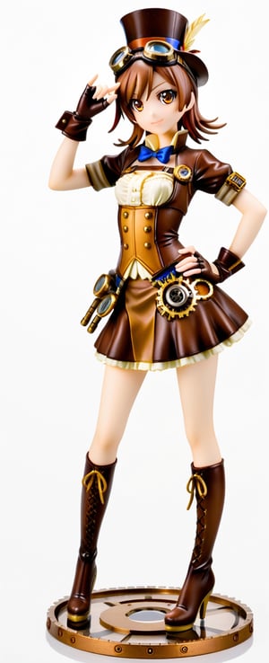 1girl, solo, looking at viewer, skirt, simple background, brown hair, gloves, hat, white background, standing, full body, short sleeves, boots, fingerless gloves, high heels, hand on hip, goggles, goggles on head, top hat, leather, goggles on headwear, steampunk