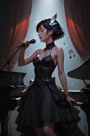 Score_9, score_8_up, score_7_up,Expressiveh,concept art,dark theme,Extremely Realistic, realistic, masterpiece, 1girl, solo, short hair, black hair, hair ornament, dress, bare shoulders, closed eyes, feathers, curtains, musical note, microphone, eighth note, music, singing, microphone stand, (,g0th1cxl,glowing,neon)