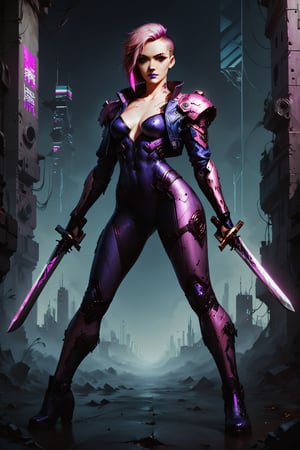 Score_9, score_8_up, score_7_up,Expressiveh,concept art,dark theme,Extremely Realistic, realistic, masterpiece, 8k, 1girl, solo, breasts, looking at viewer, short hair, holding, medium breasts, standing, jacket, weapon, pink hair, purple hair, multicolored hair, boots, sword, holding weapon, armor, two-tone hair, bodysuit, makeup, scar, facial mark, holding sword, lipstick, shoulder armor, dual wielding, asymmetrical hair, leather, undercut, facial tattoo, purple lips, cyberpunk,CyberpunkWorld