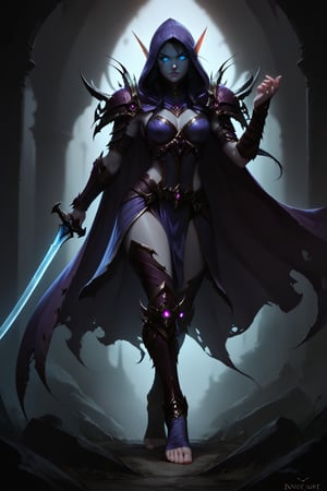 Score_9, score_8_up, score_7_up,Expressiveh,concept art,dark theme,Extremely Realistic, realistic, masterpiece, 1girl, solo, long hair, grey skin,  glowing blue eyes, black hair, holding, standing, full body, weapon, foot wraps, sword, hood, cape, holding weapon, dark metal armor, glowing, holding sword, glowing eyes, vambraces, purple hooded cloak, blue glow, (,DonMD34thKn1gh7XL,runeblade,death knight),bldelf, pointy ears, colored sclera, no pupils