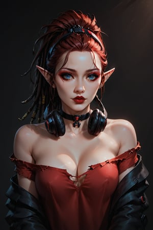 Score_9, score_8_up, score_7_up,Expressiveh,concept art,dark theme,Extremely Realistic, realistic, masterpiece, 1girl, cyberpunk bar, solo, red hair, red shirt, bare shoulders, upper body, ponytail, full lips, dreadlocks, hairband, choker, pointy ears, off shoulder, torn clothes, makeup, headphones, dark red lipstick, off-shoulder shirt, headphones around neck, gothic, red eyeshadow, elf, pointed ears, (,shadowrun_surface