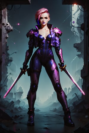 Score_9, score_8_up, score_7_up,Expressiveh,concept art,dark theme,Extremely Realistic, realistic, masterpiece, 8k, 1girl, solo, breasts, looking at viewer, short hair, holding, medium breasts, standing, jacket, weapon, pink hair, purple hair, multicolored hair, boots, sword, holding weapon, armor, two-tone hair, bodysuit, makeup, scar, facial mark, holding sword, lipstick, shoulder armor, dual wielding, asymmetrical hair, leather, undercut, facial tattoo, purple lips, cyberpunk,CyberpunkWorld