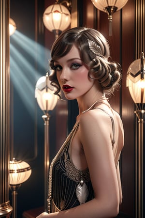 Photo realistic, mute colors, 20s style, flapper girl, art deco. cinematic lighting, smokey atmosphere, ethereal light, intricate details, extremely detailed, incredible details, full colored, complex details, hyper maximalist, gorgeous light and shadow, detailed decoration, detailed lines. masterpiece, best quality, HDR, UHD, unreal engine. looking at the camera, fair skin, beautiful face, beautiful eyes, perfect eyes, beautiful nose, full_body,fflixmj6,ohwx woman