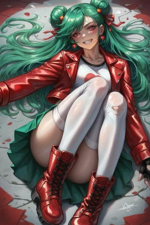 score_9, score_8_up, score_7_up, high resolution,
BREAK,
​nsfw, 1girl, bishoujo, cute, beautiful, sexy, 18 years old, green hair, twin bun hairstyle, red leather jacket, white t-shirt with a circular red face style logo with a toothy grin, green skirt, white knee highs, red leather ankle boots, yellow fingerless gloves, earrings, BREAK