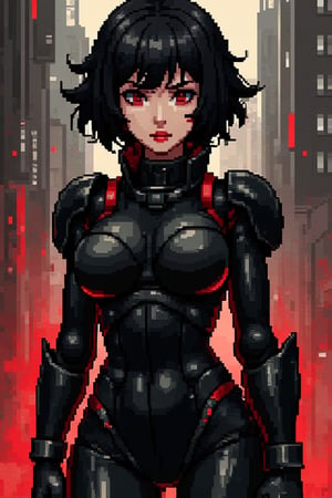 (by Loish, Leyendecker, james gilleard),  A full body shot of a young goth woman, short black curly hair, slightly smiling, one raised eyebrow, wearing a black metal cyborg suit , red lips, dark eye makeup, dark future battlefield background, ,heavy_jacket,Fire Angel Mecha