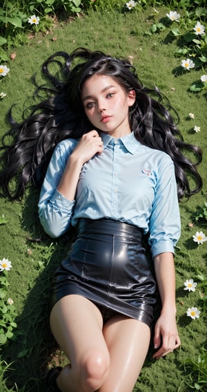 Score_9, score_8_up, score_7_up, 1girl, solo, long hair, black hair, pantyhose, lying, on back, grass, realistic