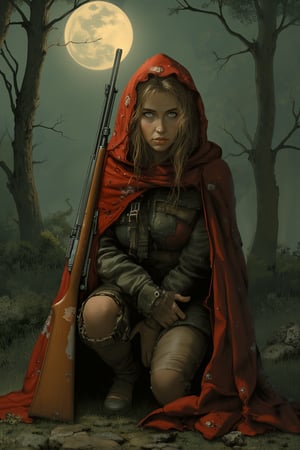 A gritty, atmospheric depiction of Red Riding Hood, now a battle-scarred werewolf hunter, emerges from the shadows. Framed against a moonlit forest backdrop, her figure is illuminated by a warm, golden glow, casting long shadows across the underbrush. Her once-innocent red cloak now bears the scars of countless battles, with torn fabric and scorch marks testament to her unyielding determination. A trusty rifle leans against her shoulder aiming down the sight, its wooden stock etched with the scratches of countless encounters with the werewolf pack. Red's eyes burn with a fierce intensity, her gaze fixed on some distant threat as she crouches low to the ground, ready to spring into action at a moment's notice. The air is heavy with tension and the scent of damp earth as this feral hunter prepares for the next phase in her unrelenting quest for vengeance against the beast that destroyed her village.