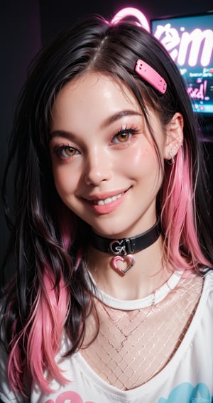 Score_9, score_8_up, score_7_up, 16k, gamer girl bedroom, streamer bedroom, neon light,, 1girl, solo, long hair, looking at viewer, smile, black hair, brown eyes, jewelry, pink hair, multicolored hair, choker, necklace, two-tone hair, lips, makeup, fishnets, portrait, realistic, nose