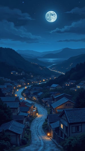 village, night, landscape photography,Flat vector art,Eve3D,nodf_lora,SAM YANG,guweiz style,Vector illustration