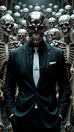 A dark and eerie graveyard scene: A man in a sleek black suit, adorned with a crisp white tie, stands confidently amidst a sea of skeletal warriors. His face is obscured by a metallic skull mask, adding an air of mystery to his imposing figure. The skeletons, risen from their graves, form a menacing army behind him, their bony hands grasping for the man as he surveys his domain.