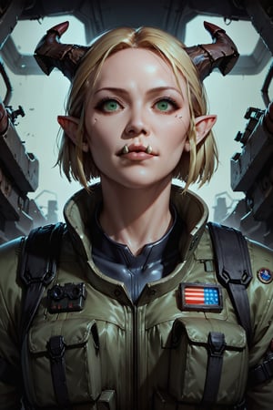 Score_9, score_8_up, score_7_up,Expressiveh,concept art,dark theme,Extremely Realistic, realistic, masterpiece, 16k, SFW, cyberpunk, concrete bunker, 1girl, solo, looking at viewer, upper body, short hair, blonde hair, green eyes, broad shoulders, broad face, shirt neck, muscular, pointy ears, ((lower tusks, lower jaw tusks, four bone horns, small horns))), lips, high tech goggles, goggles on head, nose, military combat suit, black combat suit, army green tactical jacket, army green pants, (((shadowrun_surface,high-tech lowlife, shadowrun_character)))