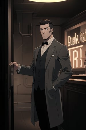 SFW, sole_male, mid 20's, (dark hair, classic side part with medium fade), average build, average height, (masculine, face, handsome face, slight stubble), detailed face, neutral expression, {(grey trenchcoat), (grey vest), (black tie), (dress pants)}, Standing, facing_viewer, (1940's asthetic, speakeasy, nightclub, dimly lit), 1dk, portrait, score_9, score_8_up, score_7_up, 8k, (very detailed), high detailed texture, depth of field, sharp foucs, Neo Noir asthetic, Low-key lighting Style, soft lighting,