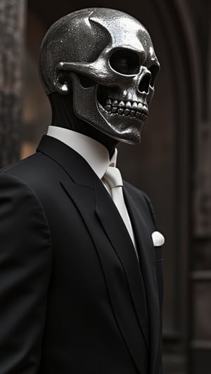 man in a black suit with a white tie wearing a metallic skull mask., art nouveau, art deco,disney style