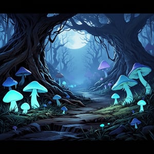 A serene forest floor scene, with a cluster of glowing mushrooms of diverse sizes and shapes, ranging from 1-3 feet in height. Softly lit by the silvery moonlight filtering through the leafy canopy above, the fungi emit a soft blue-green luminescence, creating an otherworldly ambiance.