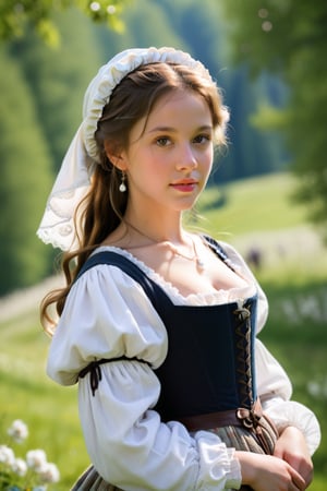 A shepherdess, in the style of the Renaissance, exuding elegance amidst pastoral beauty. (masterpiece, top quality, best quality, official art, beautiful and aesthetic:1.2), (1girl:1.4), portrait, extreme detailed, highest detailed, simple background, 16k, high resolution, perfect dynamic composition, bokeh, (sharp focus:1.2), super wide angle, high angle, high color contrast, medium shot, depth of field, blurry background,impressionist painting