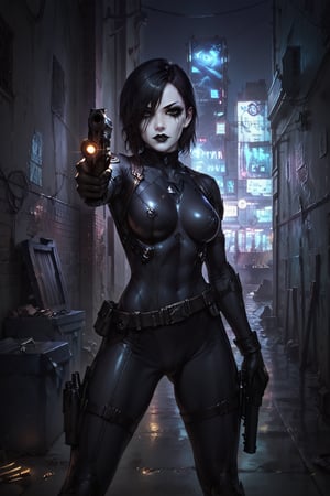 Score_9, score_8_up, score_7_up,Expressiveh,concept art,dark theme,Extremely Realistic, realistic, masterpiece, 1girl, solo, black hair, gloves, weapon, belt, gun, bodysuit, black circle painted over one eye, pale white skin, handgun, black lipstick, (,ruanyi0724,neon lights,power lines,alley), (((heavy black eye makeup, black makeup on cheek))), aiming guns at viewer, 