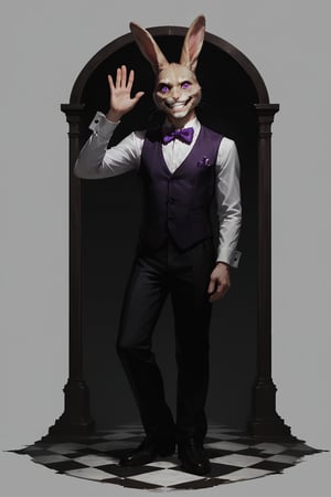 Score_9, score_8_up, score_7_up,Expressiveh,concept art,dark theme,Extremely Realistic, realistic, masterpiece, 16k, solo, looking at viewer, smile, simple background, animal ears, purple eyes, full body, male focus, teeth, bowtie, rabbit ears, grin, vest, no humans, black background, tan fur, furry, purple bow, rabbit, purple bowtie, whiskers, waving at viewer, head tilted to the side, horror \(theme\)