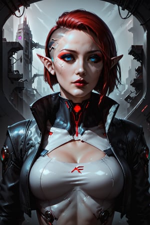 Score_9, score_8_up, score_7_up,Expressiveh,concept art,dark theme,Extremely Realistic, realistic, masterpiece, 16k, 1girl, solo, sfw, cyberpunk cityscape, neon signs, short hair, blue eyes, red hair, black highlights, pointy ears, elf, lips, makeup, lipstick, portrait, cyberpunk, high collar, black and white leather jacket, t-shirt, realistic, shaved temples, shaved head, nose, cybernetic implants in neck, cybernetic implants in temple, cables coming from head implants, (((shadowrun_character, shadowrun_surface, netrunner, high-tech lowlife)))