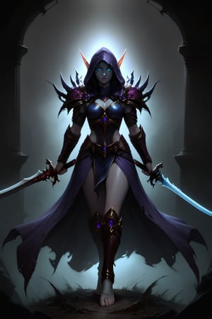 Score_9, score_8_up, score_7_up,Expressiveh,concept art,dark theme,Extremely Realistic, realistic, masterpiece, 1girl, solo, long hair, grey skin,  glowing blue eyes, black hair, holding, standing, full body, weapon, foot wraps, sword, hood, cape, holding weapon, dark metal armor, glowing, holding sword, glowing eyes, vambraces, purple hooded cloak, blue glow, (,DonMD34thKn1gh7XL,runeblade,death knight),bldelf, pointy ears, colored sclera, no pupils