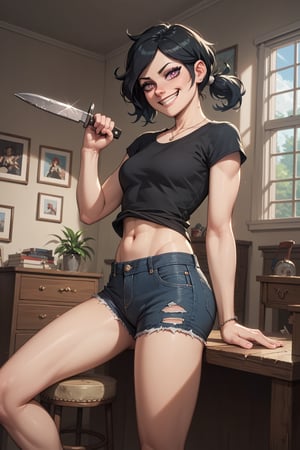 Score_9, score_8_up, score_7_up, masterpiece, 16k, 1girl, ashley graves, BREAK black hair, black shirt, denim shorts, mischevious smile, knife, BREAK Indoors, cluttered apartment, BREAK 