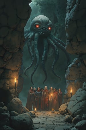 A group of weary adventurers, cloaked in secrecy, huddle behind an ancient rock formation within the depths of a mysterious cave. The air is thick with anticipation as flickering torches on the walls cast eerie shadows. Amidst the darkness, a beholder's unblinking eyes scan the terrain, its many tentacles slithering through the gloom like living whips. In this foreboding landscape, the adventurers' anxious faces are illuminated by the faint glow of their lanterns, as they prepare to face the terror lurking in the shadows.

(style of Kestutis Kasparavicius, PT[WPM])