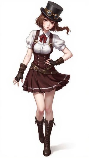 1girl, solo, looking at viewer, skirt, simple background, brown hair, gloves, hat, white background, standing, full body, short sleeves, boots, fingerless gloves, high heels, hand on hip, goggles, goggles on head, top hat, leather, goggles on headwear, steampunk