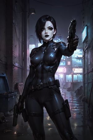 Score_9, score_8_up, score_7_up,Expressiveh,concept art,dark theme,Extremely Realistic, realistic, masterpiece, 1girl, solo, black hair, gloves, weapon, belt, gun, bodysuit, black circle painted over one eye, pale white skin, handgun, black lipstick, (,ruanyi0724,neon lights,power lines,alley), (((heavy black eye makeup, black makeup on cheek))), aiming guns at viewer, 