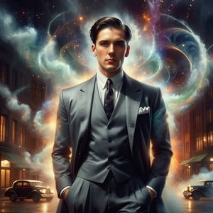 1man, 25 years old, dark hair, short hair, slicked back, hazel eyes, grey trenchcoat, black suit vest, white shirt, black neck tie, black dress pants, five o’clock shadow, 
purple and green energy swirls through the scene like a mix of liquid and smoke, 

standing in a 1920’s style speakeasy, classic art deco aesthetic mixed with modern neo noir elements, 