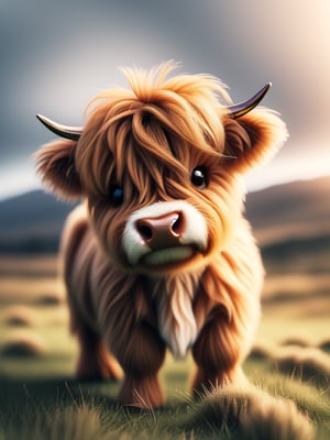 zhibi, chibi, highland cow, brown fur, small cow, chibi cow, cute, on a farm, eating grass, in the scottish highlands, sun going down on the horizon