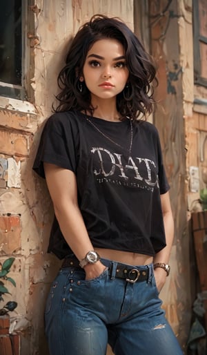 score_9, score_8_up, score_7_up,score_6_up, 16k, 1girl, solo, looking at viewer, shirt, black hair, brown eyes, jewelry, short sleeves, belt, pants, bracelet, black shirt, denim, t-shirt, watch, jeans, realistic, hands in pockets