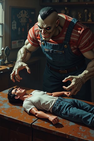 A surreal scene unfolds: a toy collector's worst nightmare. A once-human man, now a life life plasticized action figure, lies at the mercy of gigantic grotesque human like child:1.5, The creature should have childlike features and is wearing a striped shirt and overalls:1.5, BREAK The creature holds the severed arm of the arms of the figure, its eyes gleaming with an unsettling intensity as it toys with its new plaything. In the dimly lit room, shadows dance across walls adorned with vintage sci-fi posters and dusty trophies. The action figure wears a white t-shirt and jeans:1.5, BREAK The action figure's frozen pose belies the terror it must feel, trapped in this sadistic game of make-believe. (The action figure is missing one arm which is in the hands of the creature:1.4), (The body of the action figure should have visible seam lines at the points of articulation like the G.I. Joe figures from the 1980's:1.4), BREAK Focus should be on the action figure and the look of horror on his face. The image should give off vibes of the classic television show The Twilight Zone.