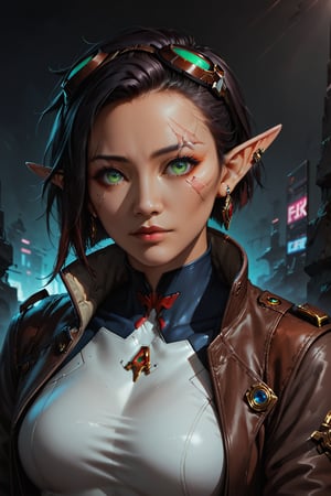 Score_9, score_8_up, score_7_up,Expressiveh,concept art,dark theme,Extremely Realistic, realistic, masterpiece, 16k, cyberpunk bar, sfw, upper body, 1girl, Filipina, Asian, dark skin, solo, short hair, black hair, jewelry, green eyes, earrings, ((pointy ears, elf)), lips, scar, piercing, goggles, ear piercing, goggles on head,nose, brown leather bomber jacket, black jeans, belt, black t-shirt, (shadow run_character, shadowrun_surface ,high-tech lowlife)