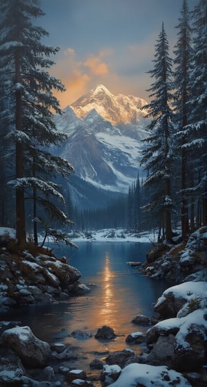 masterpiece, high quality, deep shadow, in the dark, oil painting style, sunset over a snow mountainous landscape, ((The sky glows pale orange and blue)), Forest and trees turn orange, Mountains and sky reflected on the surface of the lake,oil painting