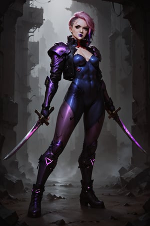 Score_9, score_8_up, score_7_up,Expressiveh,concept art,dark theme,Extremely Realistic, realistic, masterpiece, 8k, 1girl, solo, breasts, looking at viewer, short hair, holding, medium breasts, standing, jacket, weapon, pink hair, purple hair, multicolored hair, boots, sword, holding weapon, armor, two-tone hair, bodysuit, makeup, scar, facial mark, holding sword, lipstick, shoulder armor, dual wielding, asymmetrical hair, leather, undercut, facial tattoo, purple lips, cyberpunk