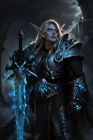 Score_9, score_8_up, score_7_up,Expressiveh,concept art,dark theme,Extremely Realistic, realistic, masterpiece, 1boy, elf, pure white skin, highly detailed face, perfect face, scowl, long blonde hair, pointy ears, wearing arth4s armor, glowing blue eyes, wielding, blue smoke, grey lips, blue energy  drifting upward from eyes, (,bldelf, no pupils, glowing eyes, colored sclera), winter winds, snowy breeze, duel wield, runeaxe, 