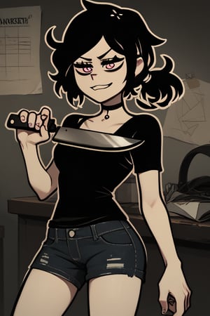 Score_9, score_8_up, score_7_up, masterpiece, 16k, ashley graves,
BREAK
black hair, black shirt, denim shorts, mischevious smile, 
BREAK
Indoors, cluttered apartment,
BREAK
Holding knife, 