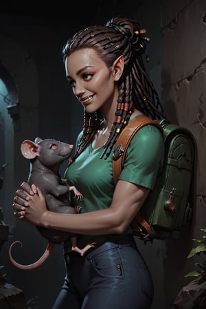 Score_9, score_8_up, score_7_up,Expressiveh,concept art,dark theme,Extremely Realistic, realistic, masterpiece, 16k, 1girl, sfw, solo, upper body, side view, long hair, smile, brown hair, dreadlocks, braids, pointy ears, lower tusks, orc, olive green t-shirt, plain t-shirt, black jeans, backpack, (((holding animal in hands, black rats, pet rats))) (shadowrun_character, shadowrun_surface, shaman, high-tech lowlife, cyberpunk)